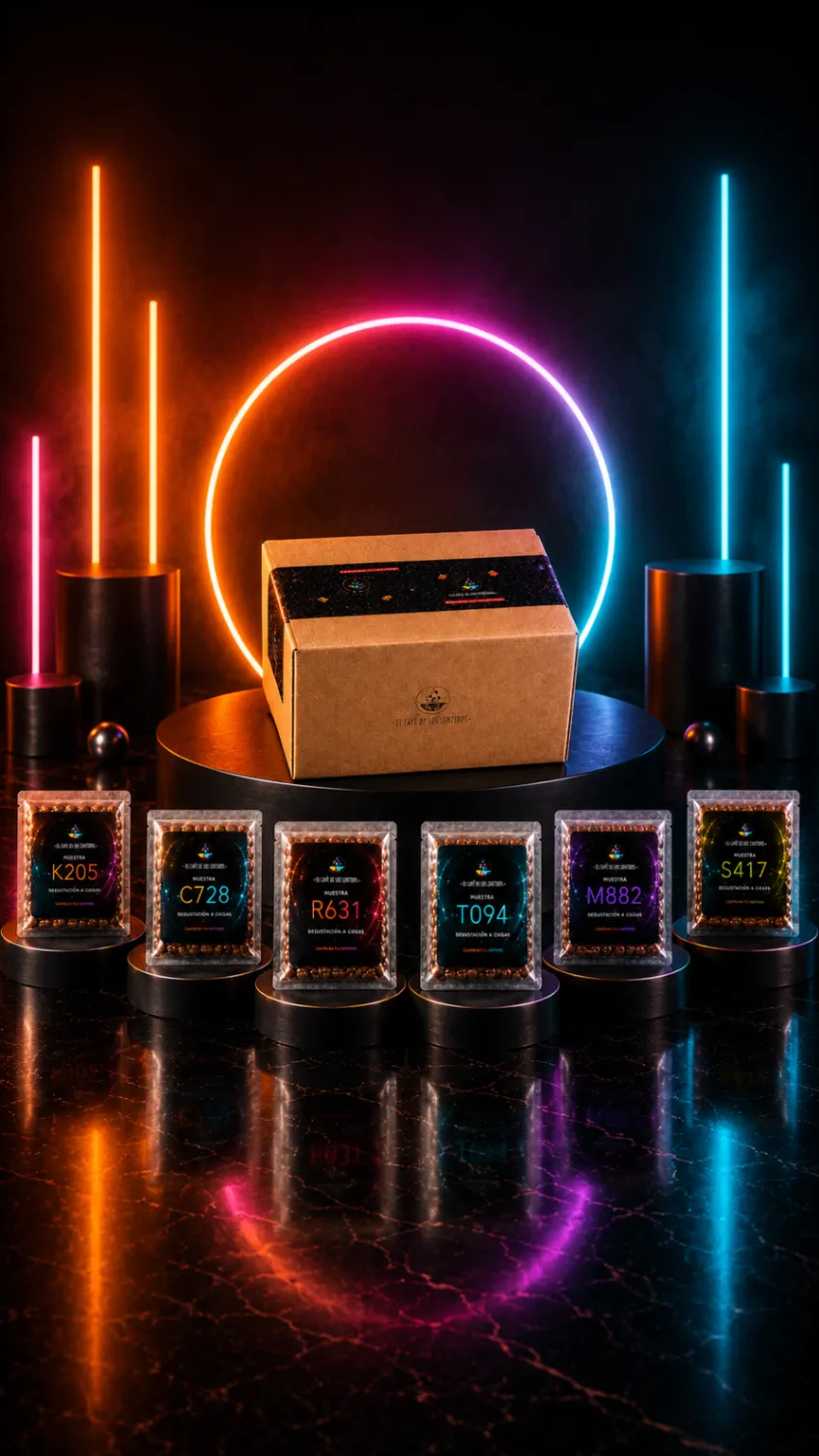 Kit premium de degustación con seis muestras de café, mini-app y taza